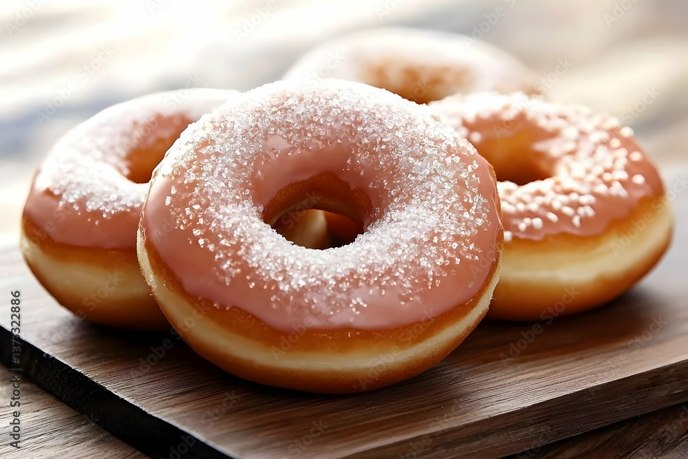 Delicious glazed donuts on wooden board Delicious glazed donuts on wooden board