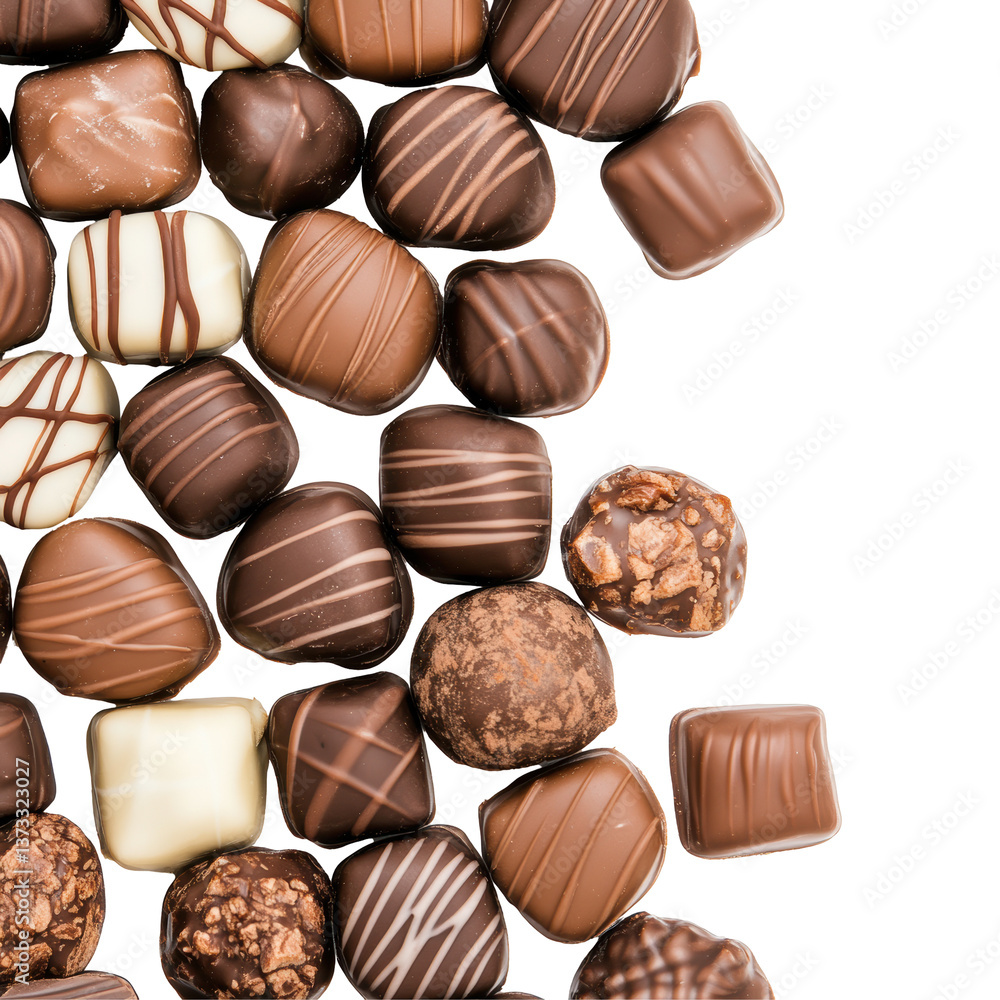 Assorted gourmet chocolates with unique patterns and textures on white background Assorted gourmet chocolates with unique patterns and textures on white background