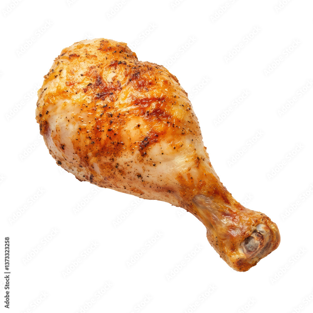 Juicy grilled chicken drumstick on white background with seasoning Juicy grilled chicken drumstick on white background with seasoning