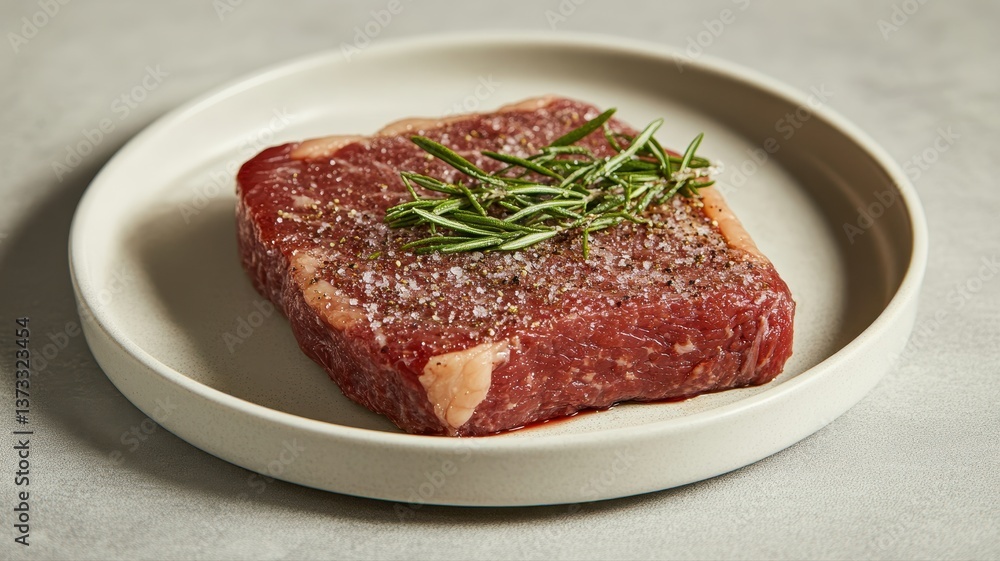 Fresh Beef Steak with Herbs on a Round Plate Ready for Cooking Fresh Beef Steak with Herbs on a Round Plate Ready for Cooking