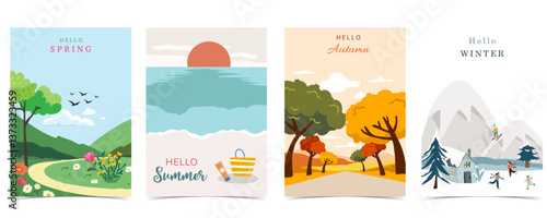 Four season holiday landscape background with mountain and tree for a4 vertical design