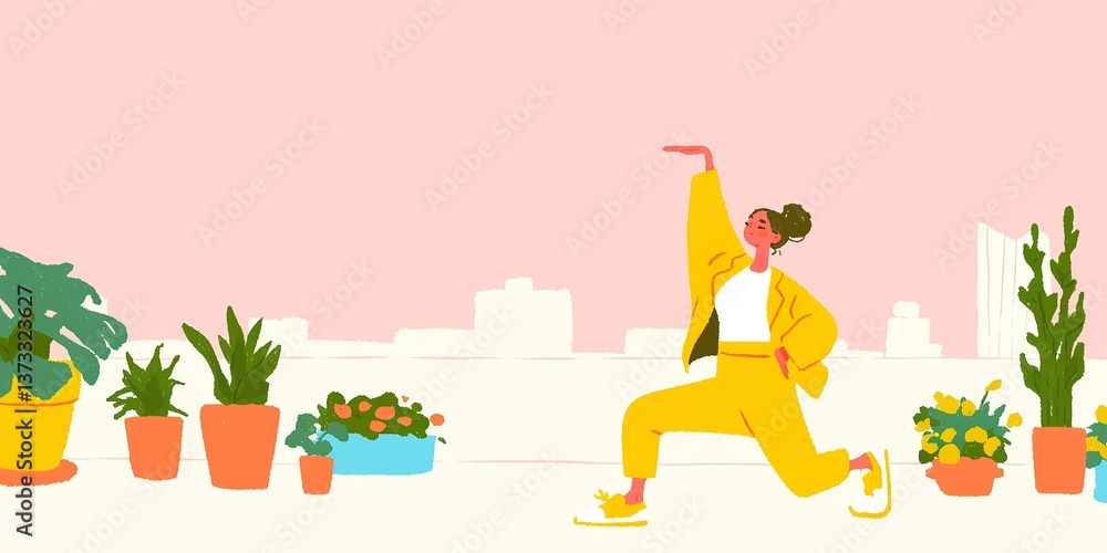 Fototapeta premium A woman in a vibrant yellow exercise outfit practices yoga, embracing the urban landscape as a serene backdrop. Surrounded by potted plants, she embodies wellness and tranquility.