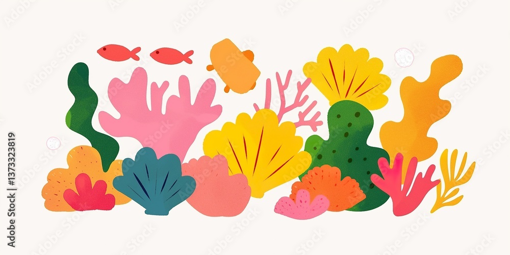 Obraz premium An abstract vibrant illustration of coral reefs, capturing an underwater scene of vivid colors and diverse marine life.