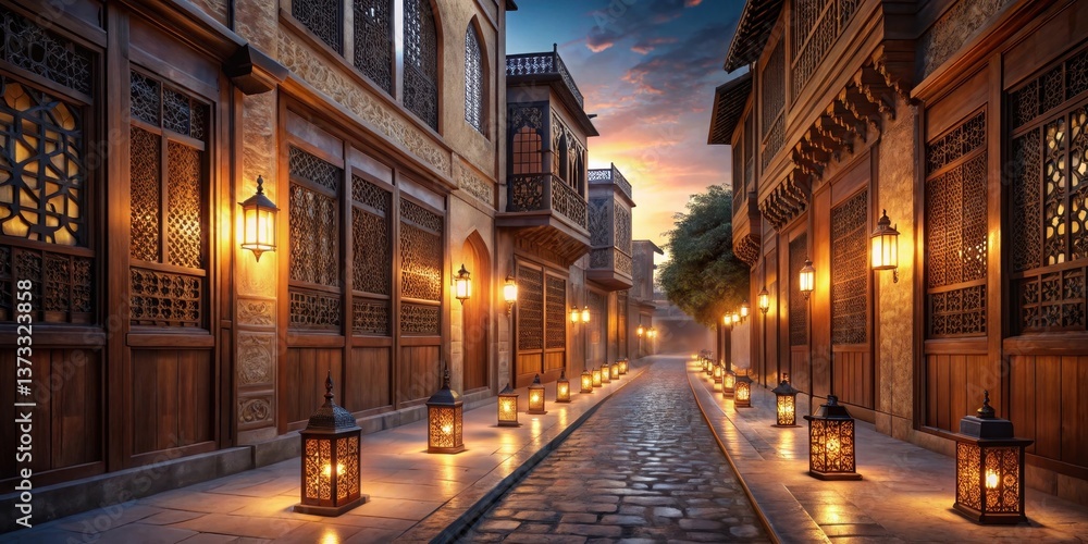 Fototapeta premium Evening ambiance on a cobblestone street lined with ornate buildings and glowing lanterns