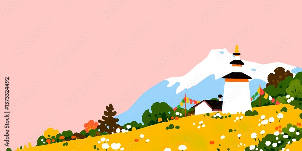 Fototapeta premium A vibrant depiction of a cultural monument stands proud upon a hill. A picturesque illustration evoking a sense of wonder and cultural significance.