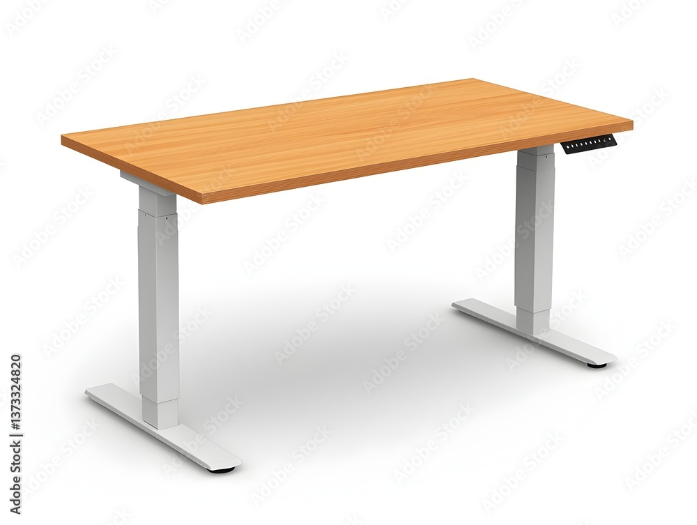A modern light wood electric height adjustable standing desk with white legs perfect for home or office workspace. A modern light wood electric height adjustable standing desk with white legs perfect for home or office workspace.