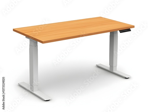 A modern light wood electric height adjustable standing desk with white legs perfect for home or office workspace.