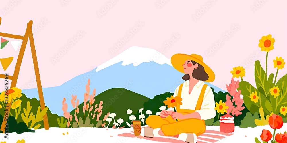 Naklejka premium A person in hat enjoy flowers in picnic, with the view of mountain and flowers around, celebrating the joy of a sunny day.
