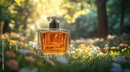 luxury elegant glass perfume bottle mockup outdoor forest scene with sunlight 3d render
