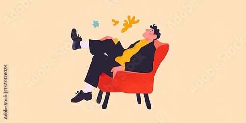 A relaxed man lounges in a comfortable armchair, lost in a daydream or a moment of mindful contemplation. capturing tranquility and relaxation.