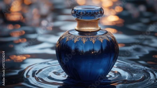 luxury rounded blue glass perfume bottle mockup with blank golden label on water surface 3d render