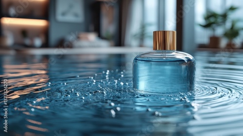 luxury rounded blue glass perfume bottle mockup with blank golden label on water surface 3d render