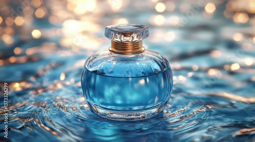 luxury rounded blue glass perfume bottle mockup with blank golden label on water surface 3d render