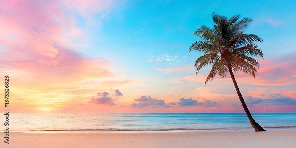 Tranquil Beach Sunset Pastel Sky, Leaning Palm Tree, Calm Ocean Tranquil Beach Sunset Pastel Sky, Leaning Palm Tree, Calm Ocean