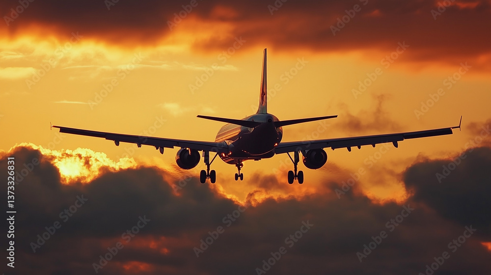 夕焼けの空を背景に飛行機が離陸・着陸する空港の風景空を飛ぶ旅客機 夕焼けの空を背景に飛行機が離陸・着陸する空港の風景空を飛ぶ旅客機