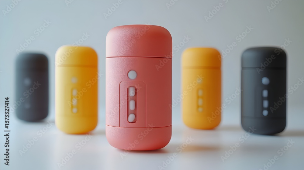 Five stylish modern portable containers in various pastel colors stand in a row on a white background perfect for product design. Five stylish modern portable containers in various pastel colors stand in a row on a white background perfect for product design.