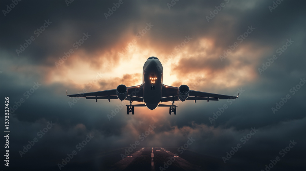 夕焼けの空を背景に飛行機が離陸・着陸する空港の風景空を飛ぶ旅客機 夕焼けの空を背景に飛行機が離陸・着陸する空港の風景空を飛ぶ旅客機