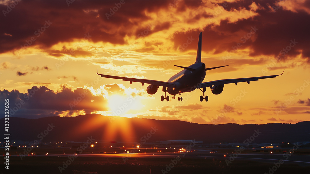 夕焼けの空を背景に飛行機が離陸・着陸する空港の風景空を飛ぶ旅客機 夕焼けの空を背景に飛行機が離陸・着陸する空港の風景空を飛ぶ旅客機