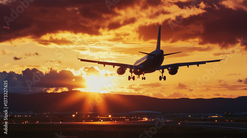 夕焼けの空を背景に飛行機が離陸・着陸する空港の風景空を飛ぶ旅客機