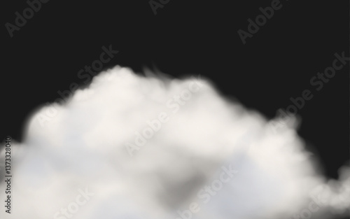 White cloud or smoke formation, digital design.  Blurred texture, dark background.  Atmospheric effect, voluminous cloud rendering.