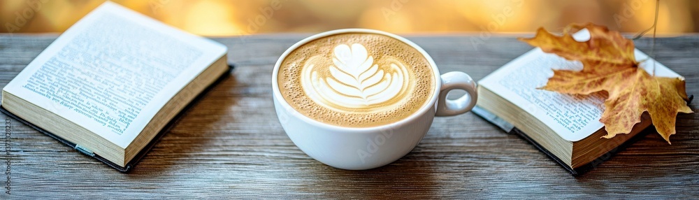 Fototapeta premium Peaceful Cafe Setting with Coffee Cup, Open Books, and Autumn Leaves for Relaxation and Inspiration