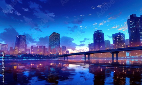 Stunning cityscape of Japan featuring vibrant river scenery and dynamic urban skyline illuminated by shimmering night lights