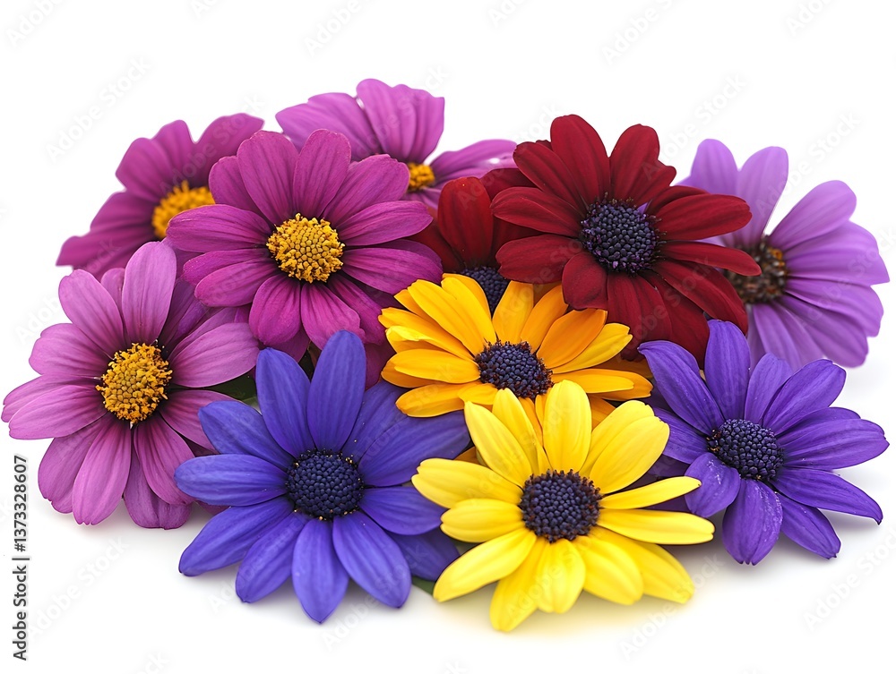 A vibrant bouquet of colorful osteospermum flowers in various shades of purple, pink, red, yellow, and blue blossoms together on white background. A vibrant bouquet of colorful osteospermum flowers in various shades of purple, pink, red, yellow, and blue blossoms together on white background.
