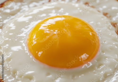 close-up macro photograph of a perfectly fried egg, sunny-side up,  showing the texture of the white and the glistening yolk, Fried egg on white dish close up, 