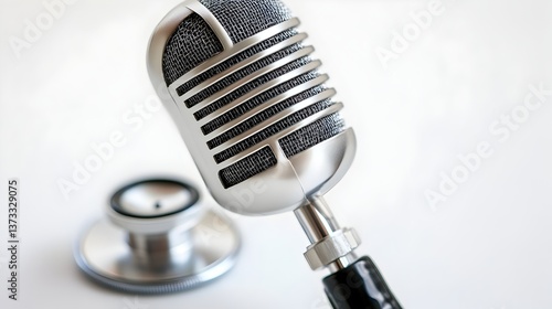 A vintage silver microphone sits beside a medical stethoscope on a bright white background symbolizing healthcare communication.