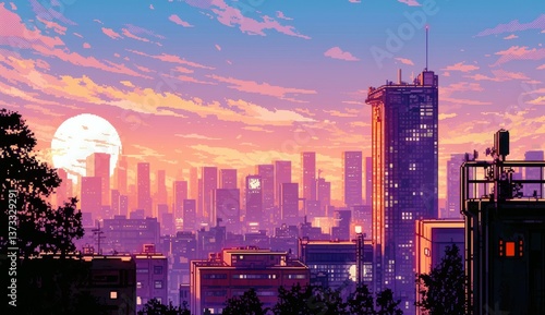 Vibrant Pixel Art City of the Future at Dusk with Nostalgic Glow and Cyber Aesthetic, Showcasing Futuristic Architecture and Colorful Skies
