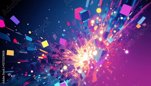 Vibrant Purple Background with Colorful Light Beams and 3D Cubes Creating a Dynamic Explosion of Shapes in a Stunning Abstract Composition