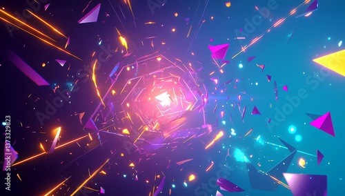 Vibrant Purple Background with Light Beams and Colorful Triangles Creating a Dynamic Abstract Visualization in a Surreal Environment
