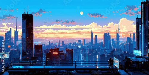 Nostalgic Cyber Cityscape in Pixel Art Style Featuring Colorful Skies and Vibrant Buildings at Dusk with Detailed Elements