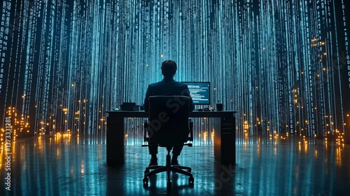 Businessman coding at a computer, digital data background