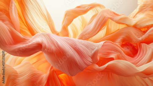 Flowing abstract digital artwork featuring soft, wavy textures in warm peach and coral tones, evoking sense of calm and fluidity