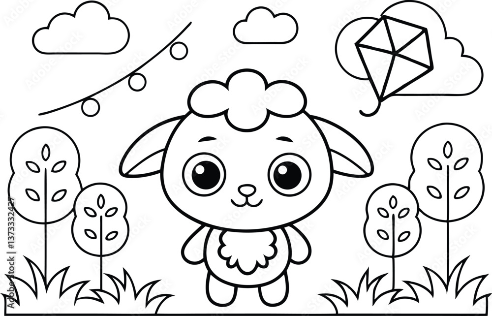 Outline Cartoon Sheep in Scenic Landscape with Clouds and Kite on White Background Outline Cartoon Sheep in Scenic Landscape with Clouds and Kite on White Background