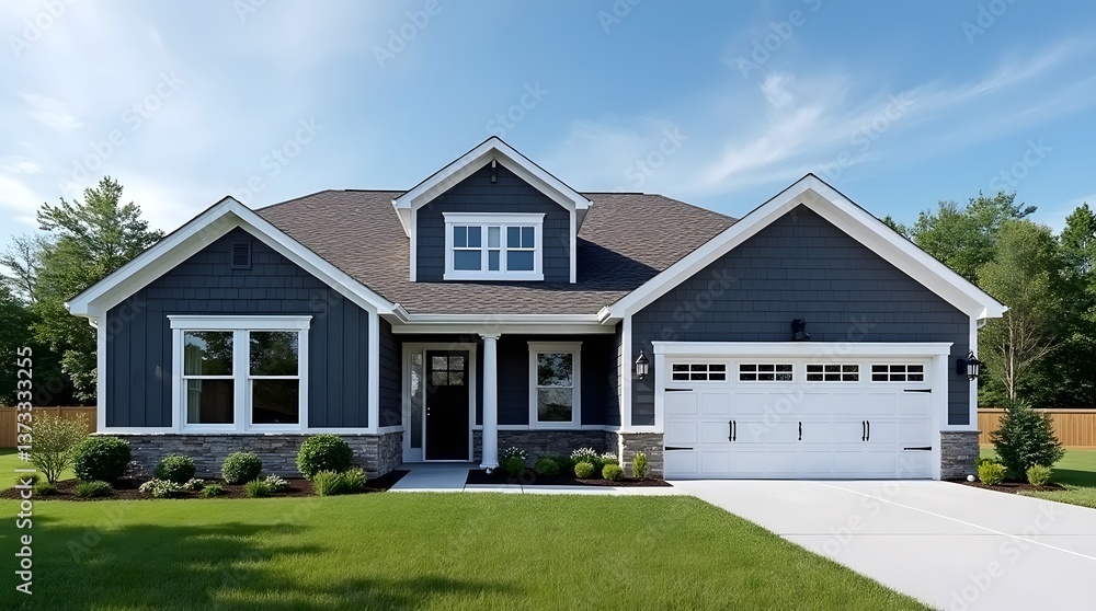 Charming Modern House with Dark Gray Siding and Manicured Lawn in Suburban Setting Charming Modern House with Dark Gray Siding and Manicured Lawn in Suburban Setting