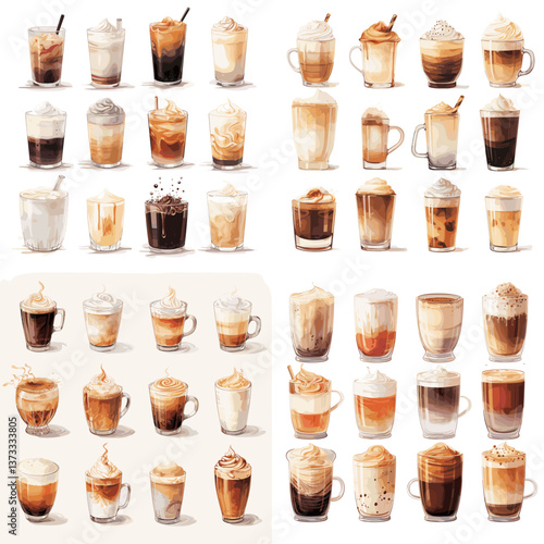 Variety of coffee drinks in glass cups with cream, foam, and syrup, including lattes, cappuccinos, and iced coffee, perfect for café menus, beverage visuals, and coffee branding.

