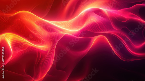 Vibrant abstract digital artwork featuring flowing waves of red, orange, and pink hues, creating sense of movement and energy