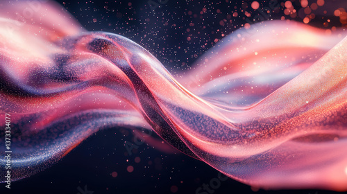 Flowing abstract digital artwork with vibrant colors and shimmering particles creates mesmerizing visual experience