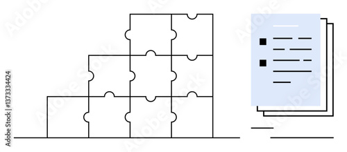 Stack of interlocking puzzle pieces with lined documents. Ideal for teamwork, planning, process building, coordination, education, creativity, strategy. Flat simple metaphor