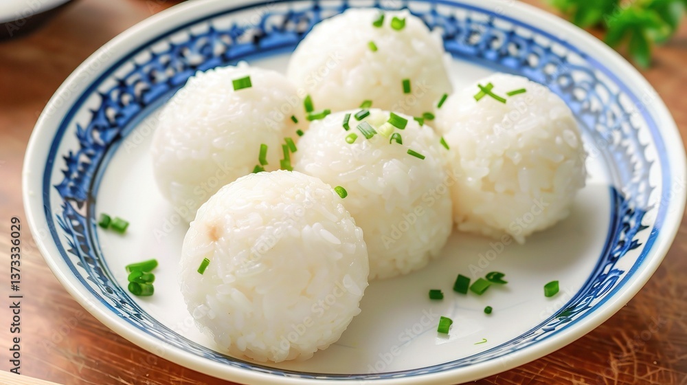An appetizing plate of chicken rice balls is presented. The chicken rice balls are made from fragrant, well-cooked rice that has absorbed the flavors of tender poached chicken. Each ball is neatly for An appetizing plate of chicken rice balls is presented. The chicken rice balls are made from fragrant, well-cooked rice that has absorbed the flavors of tender poached chicken. Each ball is neatly for