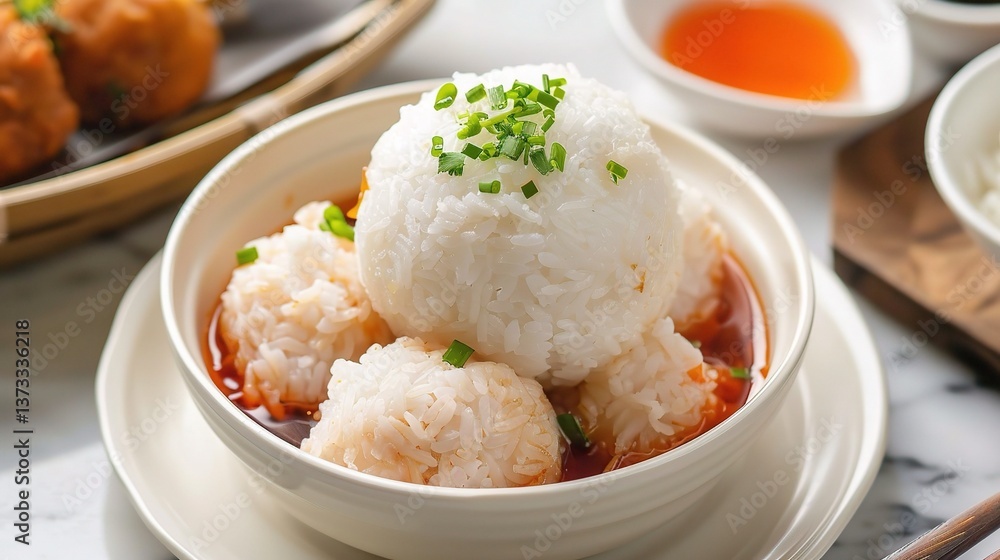 An appetizing plate of chicken rice balls is presented. The chicken rice balls are made from fragrant, well-cooked rice that has absorbed the flavors of tender poached chicken. Each ball is neatly for An appetizing plate of chicken rice balls is presented. The chicken rice balls are made from fragrant, well-cooked rice that has absorbed the flavors of tender poached chicken. Each ball is neatly for