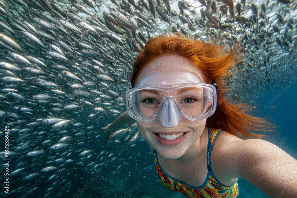 Fototapeta premium Bright commercial style image. A pretty and sexy happy caucasian young woman with red hair in a swimming mask and fins snorkeling among the corals. Coral reef tourism. Ocean adventure vacatio.