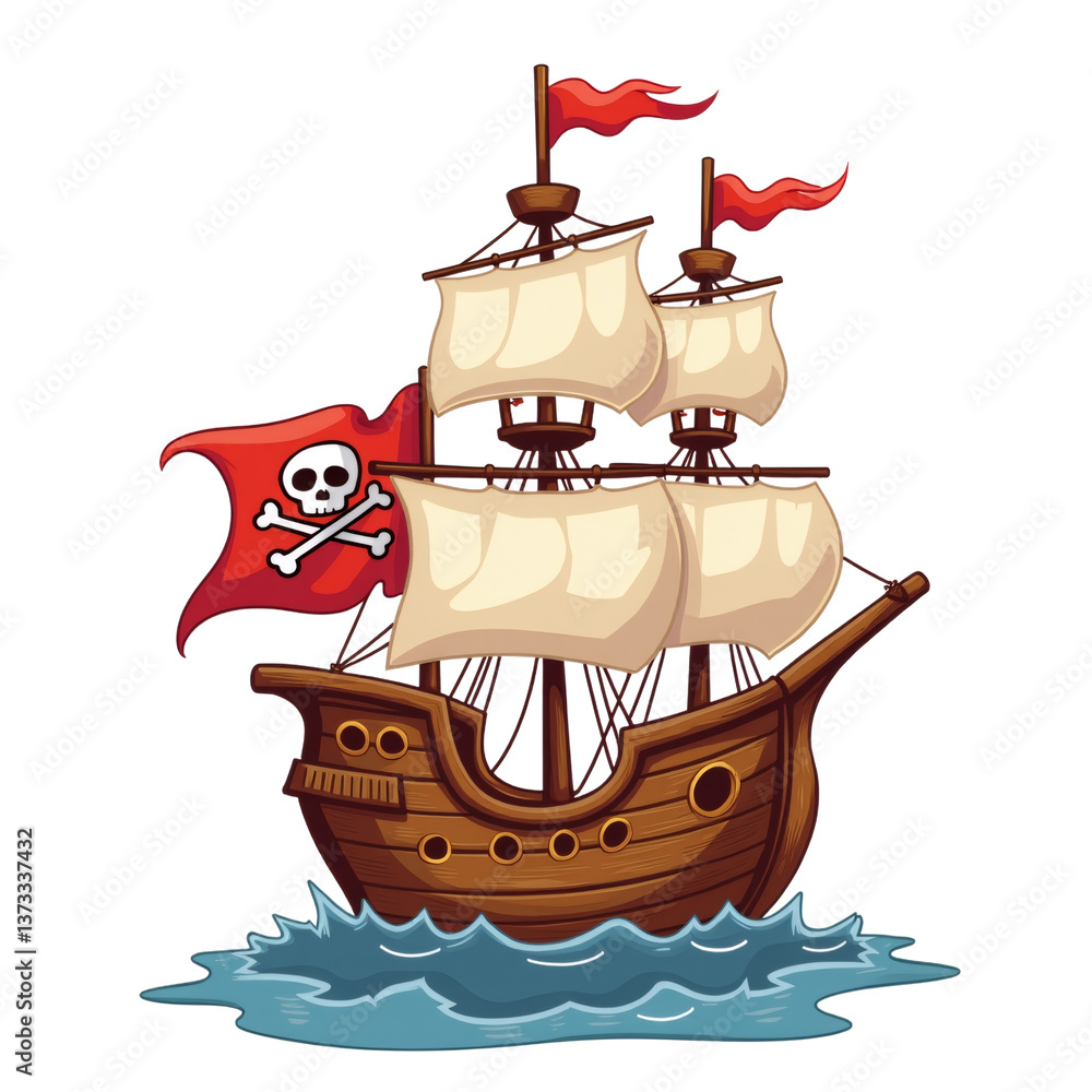 Naklejka premium simple cartoon pirate ship adventure vector illustration transparent background isolated