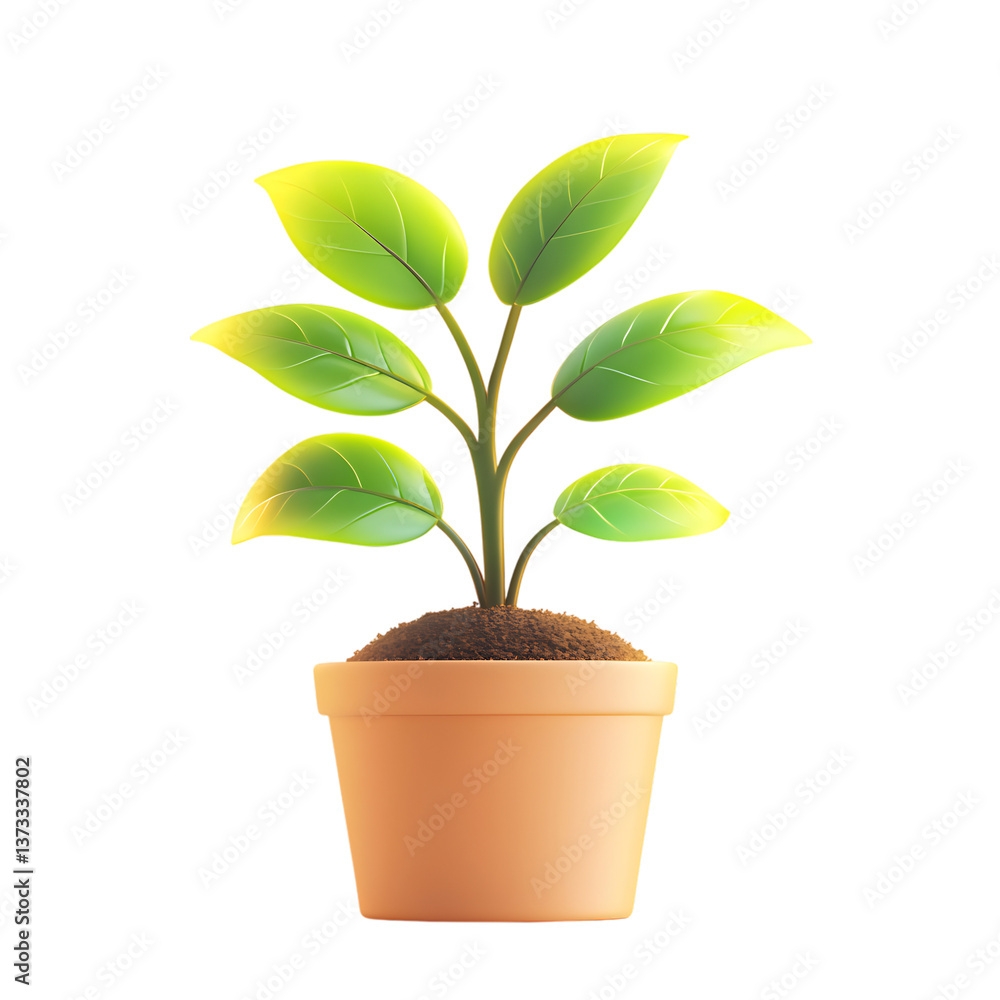 A Fluffy 3D Cartoon Plant Pot with Glowing Green Leaves Isolated on Transparent Background A Fluffy 3D Cartoon Plant Pot with Glowing Green Leaves Isolated on Transparent Background