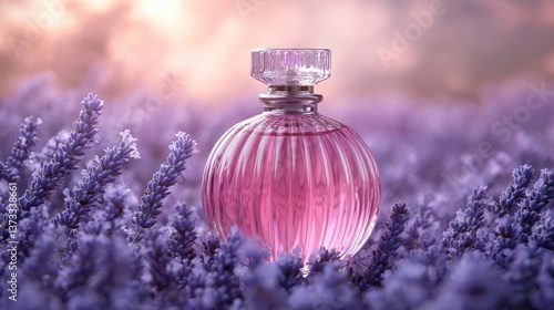 purple glass perfume bottle mockup with lavender flower 3d render