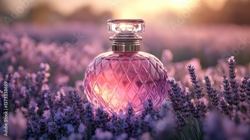 purple glass perfume bottle mockup with lavender flower 3d render