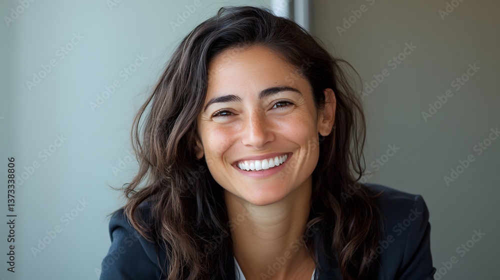 Fototapeta premium 96. A joyful Brazilian businesswoman leading a project meeting, smiling while inspiring creativity and progress.