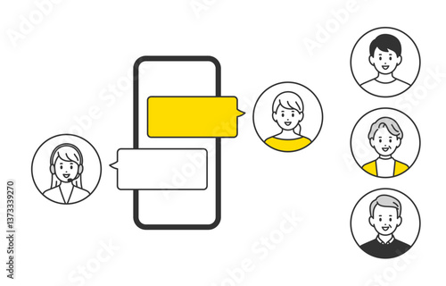 スマホでオペレーターとチャットする若い女性（差し替え用のアイコンセット）【人物ベクターイラスト素材】